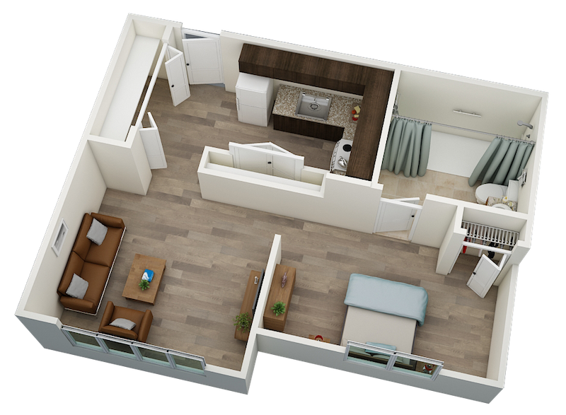 Floor plan for 1 bed, 1 bath, 537 sqft